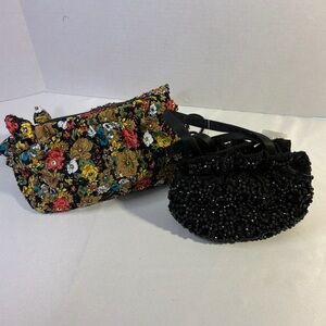 Two Beaded Evening Bags - La Regale Black Beaded Mini & Floral Handbag